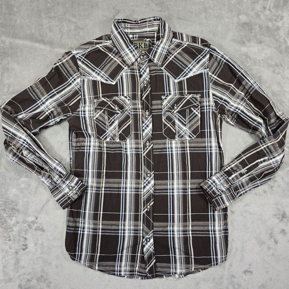 Buckle BKE Men's Slim Brown Fit Western Plaid Button Down Shirt Size M